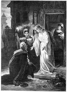 Kath. Illustratie 1894 Lohengrin, Ortrud knees for Elsa, by Th. Pixis