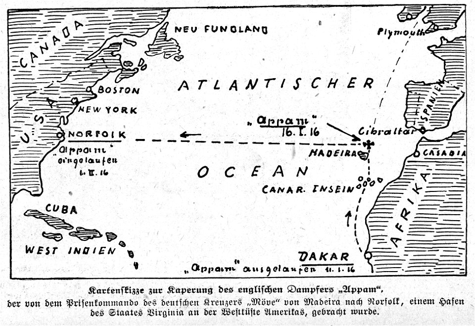 Kartenskizze mit Fahrtroute der Prise APPAM von SMS MÖVE im Januar-Februar 1916 von Madeira nach Norfolk in Virginia Illustrirte Zeitung 1916