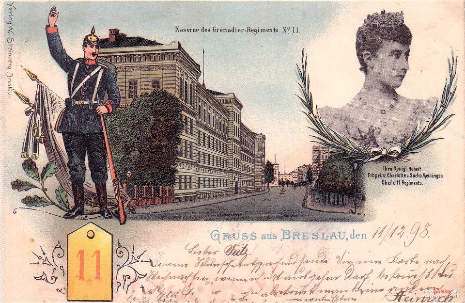 Kaserne des GR-11 in Breslau, Postkarte von 1898