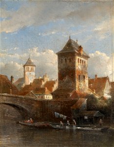 Kasparus Karsen - Ansicht einer Stadt am Fluss mit Wäscherinnen