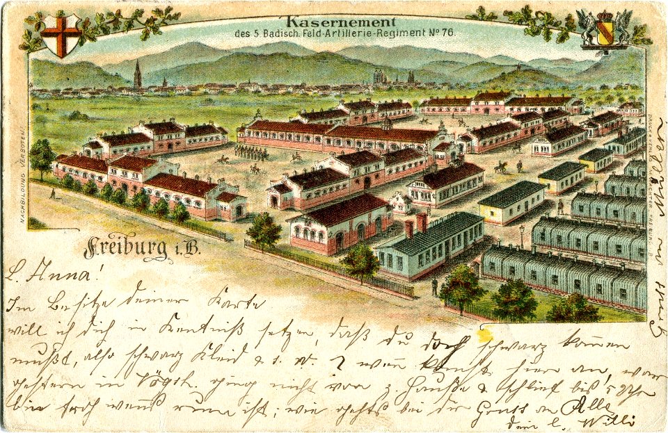 Kaserne des FAR 76 in Freiburg Br., Postkarte von vor 1919