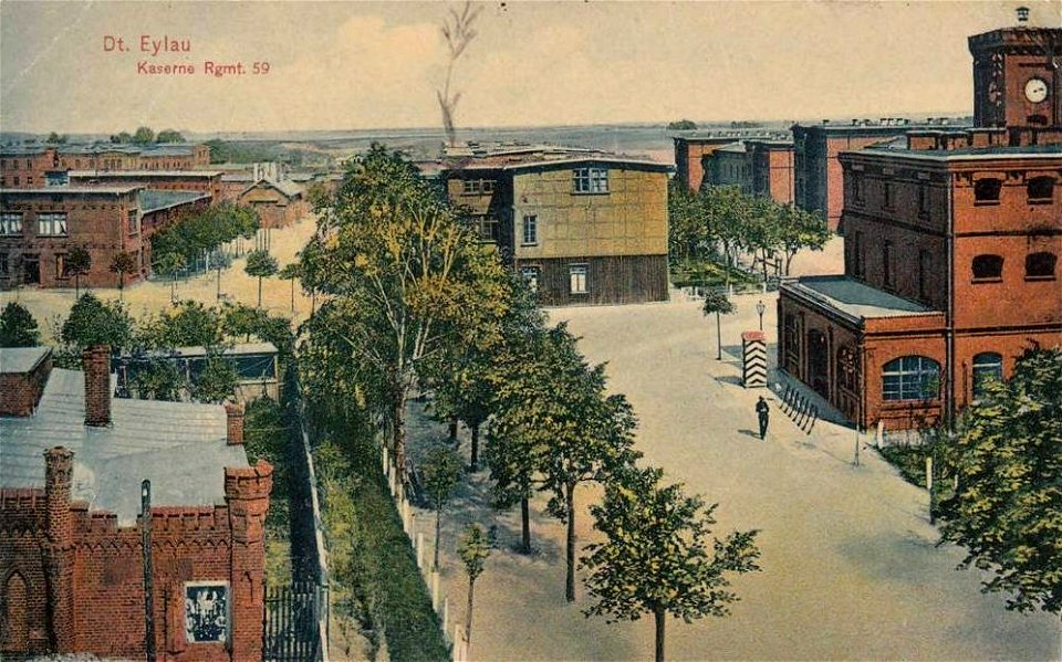 Kaserne IR 59 in Deutsch Eylau, kolorierte Postkarte vor 1914