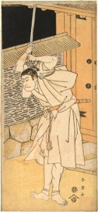 Acteur Otani Oniji met geheven zwaard, staand bij poort; bij nacht.-Rijksmuseum RP-P-1965-1607