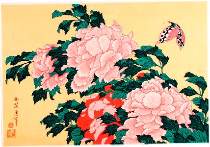 Katsushika Hokusai (1760-1849), Pioenroos met bloesem