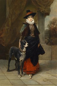 Friedrich August Kaulbach Bildnis einer Dame im historisierenden Kostüm mit Dogge. Free illustration for personal and commercial use.