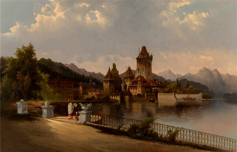 Chateau by an Alpine Lake by Karl Kaufmann signed Charles Marchand