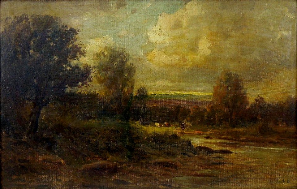 Wooded landscape with cattle at water's edge by William Keith