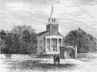 Kawaiahao Church illustration, c. 1870s bw. Free illustration for personal and commercial use.