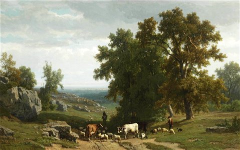 F. Keelhoff & E. Verboeckhoven - Cattle and figures in a landscape (1868). Free illustration for personal and commercial use.