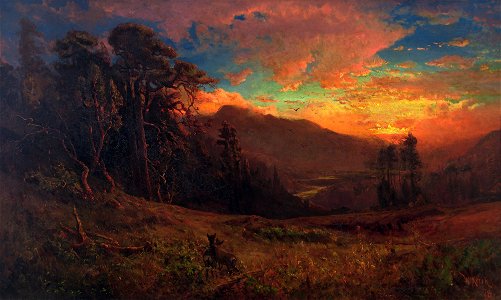 An Autumnal Sunset on the Russian River Evening Glow by William Keith, 1878. Free illustration for personal and commercial use.