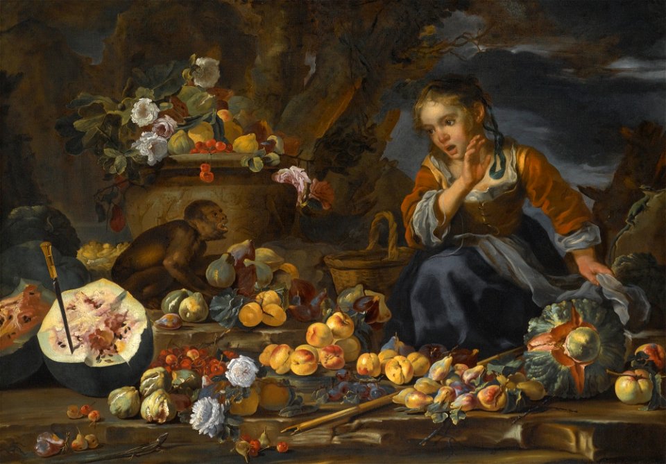 Monsù Bernardo & Michele Pace - Still life with girl and monkey
