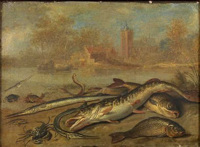 Jan van Kessel the Elder - Fish and landscape. Free illustration for personal and commercial use.