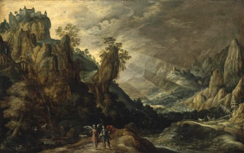 Kerstiaen de Keuninck - Landscape with Tobias and the Angel - WGA12157. Free illustration for personal and commercial use.