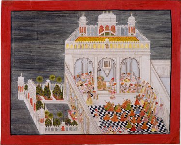 Kesu Ram, Bhopa, and Nathu. Maharana Ari Singh with His Courtiers being Entertained at the Jagniwas Water Palace, Udaipur 1767 Metmuseum