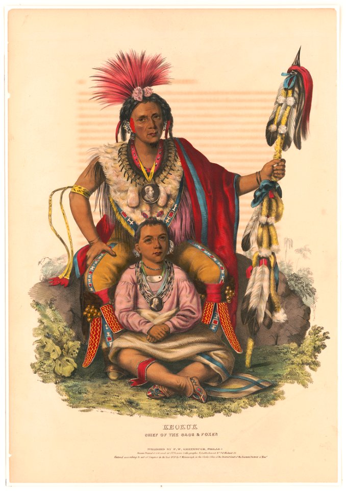 Keokuk, chief of the Sacs & Foxes - drawn, printed & coloured at I.T. Bowen's Lithographic Establishment No. 94 Walnut St. LCCN95502203