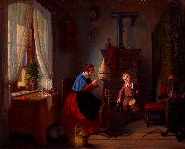 Georg Friedrich Kersting - Frau am Spinnrad und Trommelbube mit Säbel (1828)