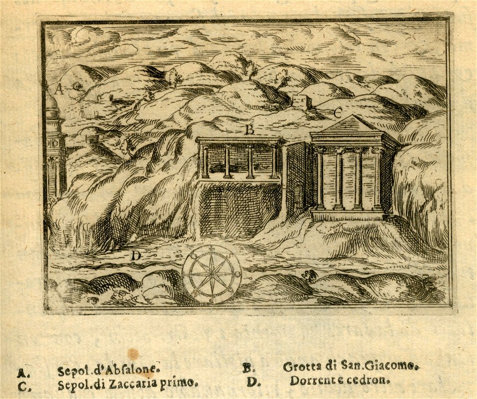 Kidron Valley in Jerusalem The monuments called Absalom's tomb (A) and Zechariah's tomb (C) together with other funerary - Zuallart Jean - 1587