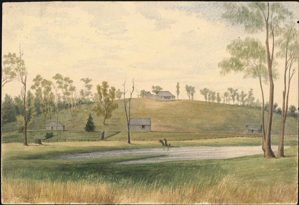 Kilkoy, the cattle station of Mr Atherton, Co. of March, N.S.W., 1852, watercolour by James Gay Sawkins
