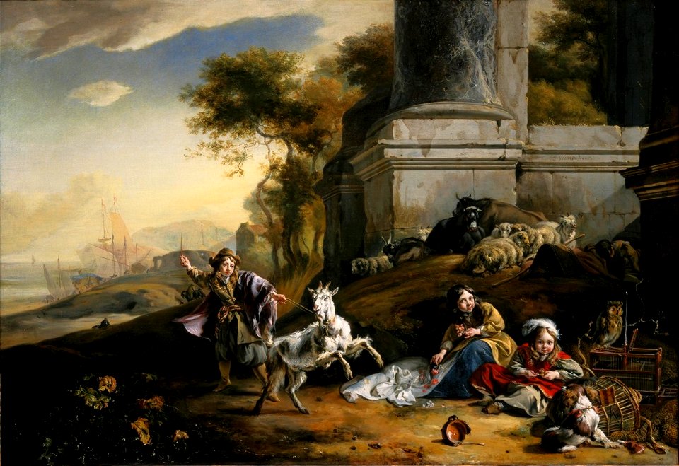 Kinderen met een geit in een Italiaans havenlandschap Centraal Museum 28749
