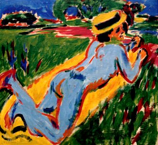 Kirchner - Liegender blauer Akt mit Strohhut