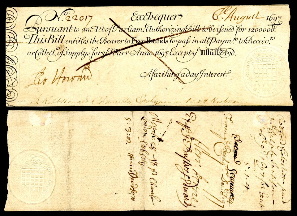 Kingdom of England Exchequer note-5 Pounds (1697)