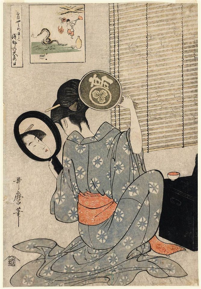 Kitagawa Utamaro - Takashima Ohisa Using Two Mirrors to Observe Her Coiffure Night of the Asakusa Marketing Festival - MFA Boston 21.6410