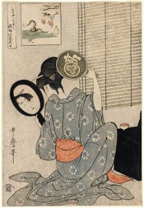 Kitagawa Utamaro - Takashima Ohisa Using Two Mirrors to Observe Her Coiffure Night of the Asakusa Marketing Festival - MFA Boston 21.6410. Free illustration for personal and commercial use.