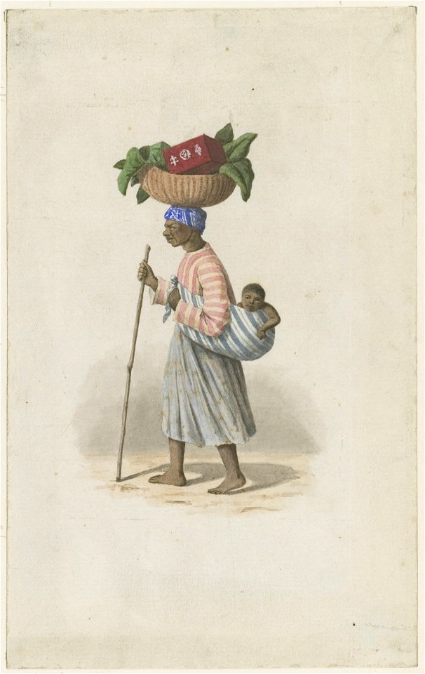 KITLV - 36A227 - Borret, Arnoldus - Old woman with a child on the back and a basket on the head - Water colour - Circa 1880
