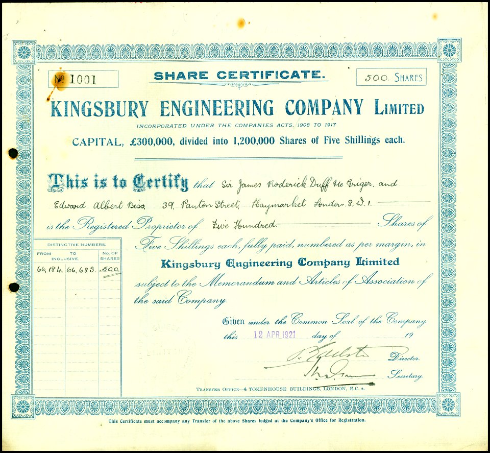 Kingsbury Engineering Company 1921