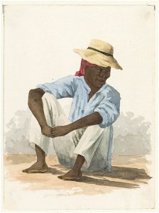 KITLV - 36B240 - Borret, Arnoldus - Sitting man with a headscarf and straw hat - Water colour - Circa 1880