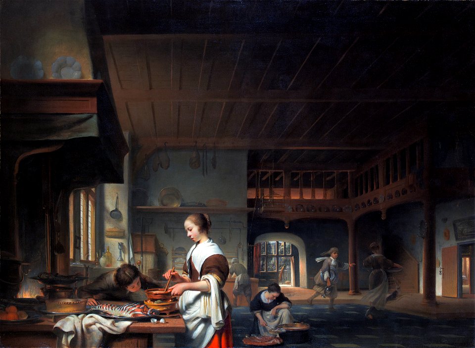 Kitchen interior with a woman cooking, by Cornelis Bisschop