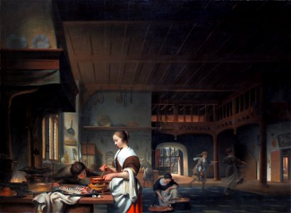Kitchen interior with a woman cooking, by Cornelis Bisschop