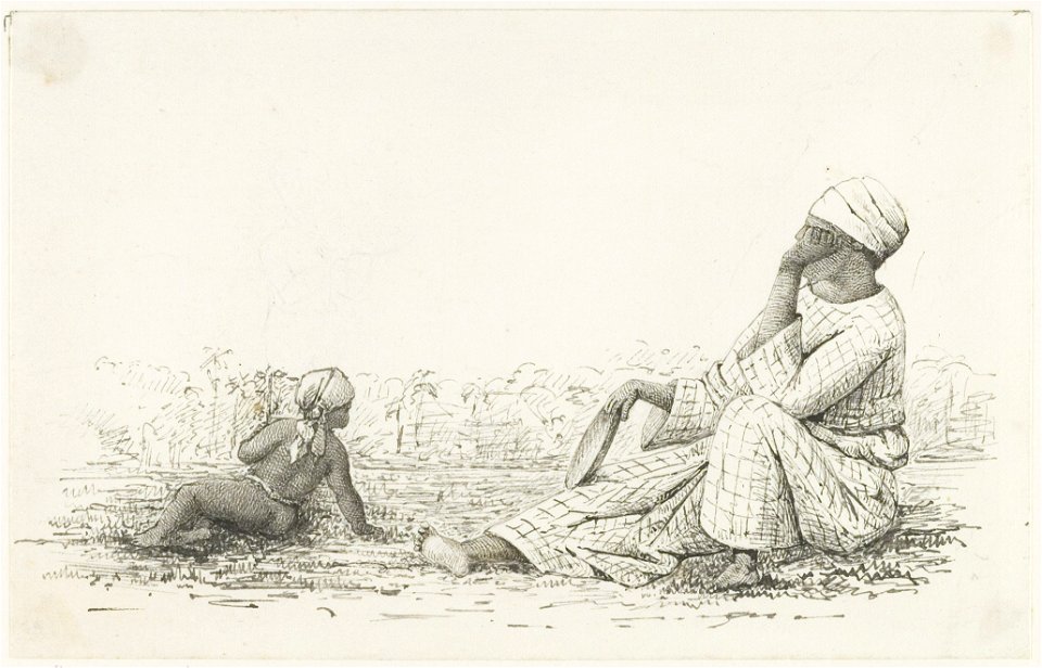 KITLV - 36A242 - Borret, Arnoldus - Seated woman with child playing at her feet - Pen and ink - Circa 1880