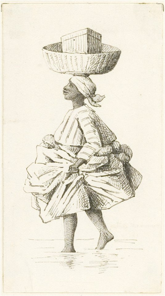 KITLV - 36B271 - Borret, Arnoldus - Kotomisi wading through water with a load on the head - Pen and ink - Circa 1880