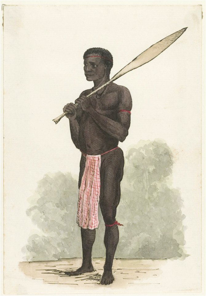 KITLV - 36A229 - Borret, Arnoldus - Man with paddle over his shoulder - Water colour - Circa 1880