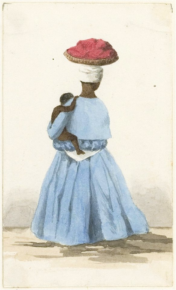 KITLV - 36B234 - Borret, Arnoldus - Kotomisi with a child on her hip and a basket on her head, Surinam - Water colour - Circa 1880