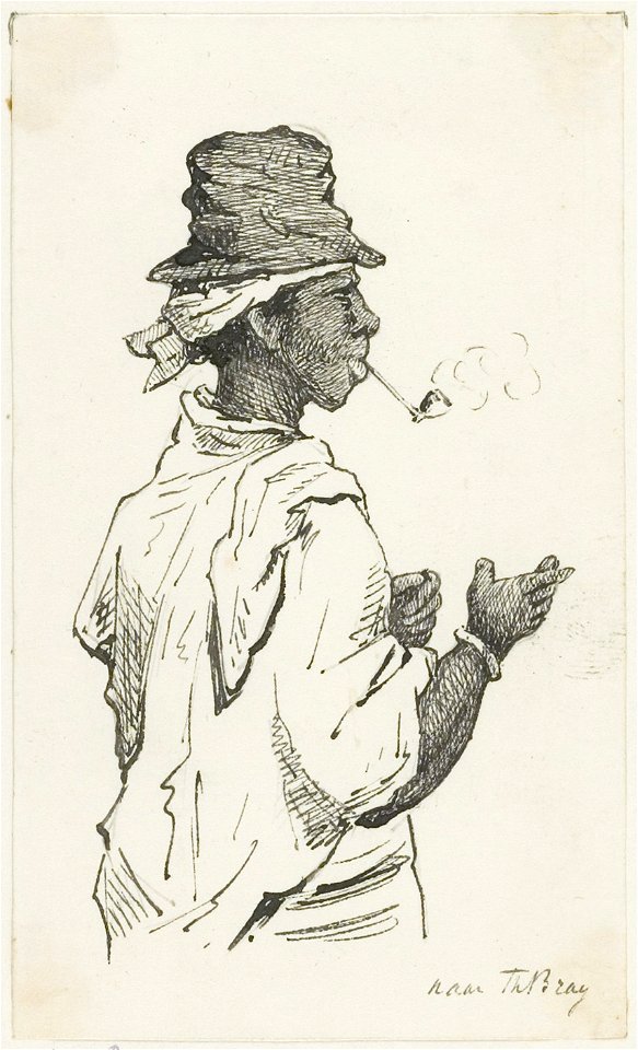 KITLV - 36B242 - Borret, Arnoldus - Smoking woman with pipe, head scarf and hat, Suriname - Pen and ink - Circa 1880