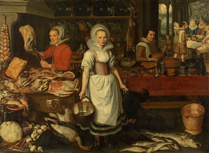Kitchen scene with the Parable of the Rich man and Lazarus Pieter Cornelisz van Rijck 1610-1620 Rijksmuseum SK-A-868. Free illustration for personal and commercial use.