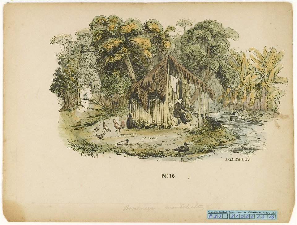 KITLV - 36C344 - Bray, Th. - Petit - Guard of the plantation of vegetable plots in front of his cabin - Colour lithography - 1850
