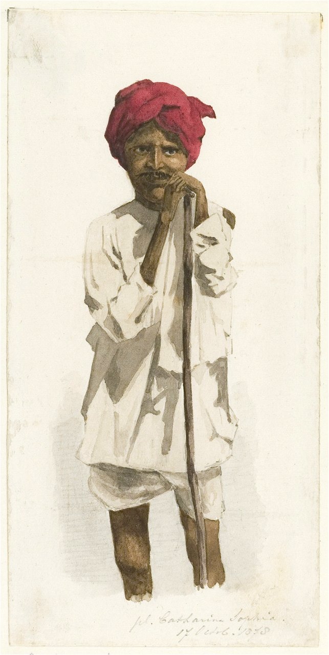 KITLV - 36A225 - Borret, Arnoldus - Hindu man leaning on a cane - Pencil Water colour - 1878-10-17