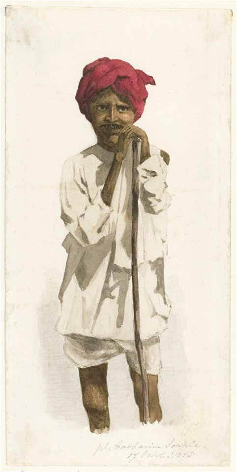 KITLV - 36A225 - Borret, Arnoldus - Hindu man leaning on a cane - Pencil Water colour - 1878-10-17
