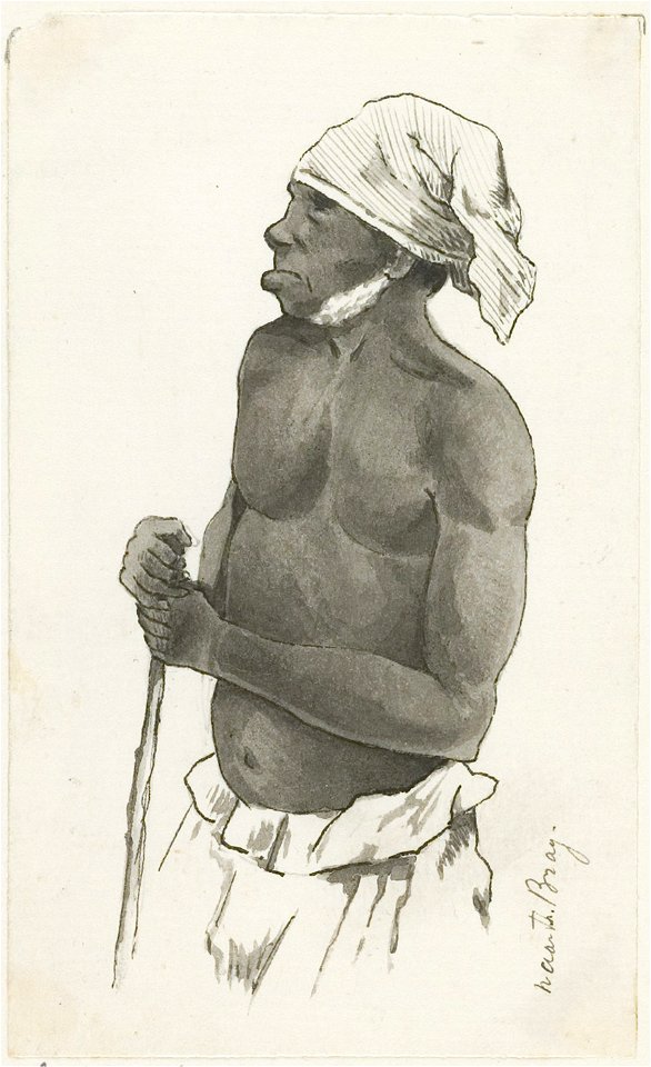 KITLV - 36B227 - Borret, Arnoldus - Old man with a stick - Pen and ink - Circa 1880