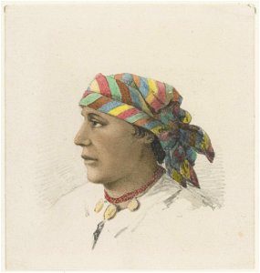 KITLV - 36B239 - Borret, Arnoldus - Hindustani woman with headscarf and necklace - Pencil water colour - Circa 1880