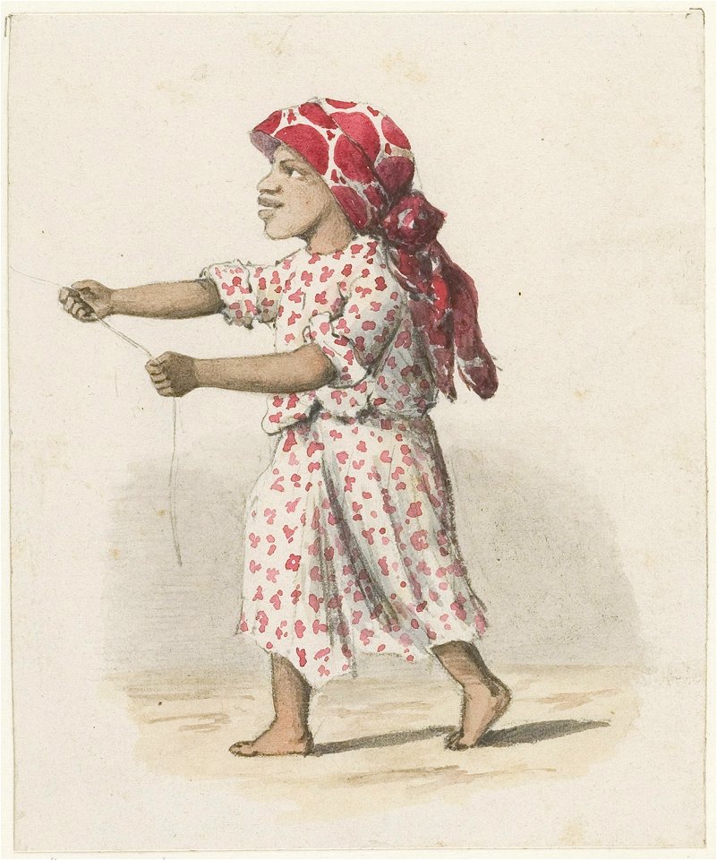 KITLV - 36B238 - Borret, Arnoldus - Girl with red headscarf and kite string in her hands - Pencil Water colour - Circa 1880