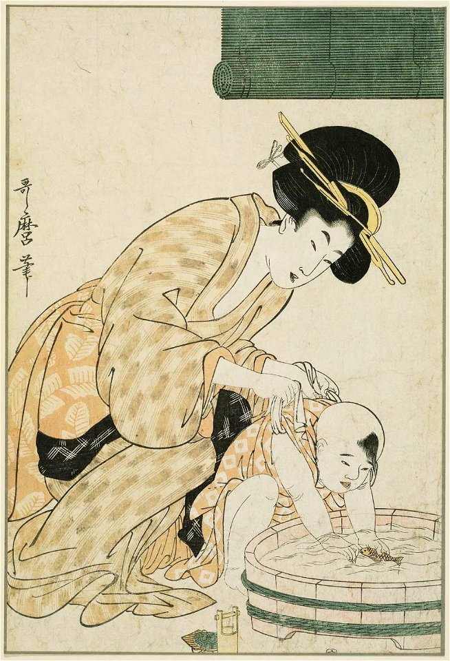 Kitagawa Utamaro - Mother Holding Child as He Plays with a Toy Fish in a Tub of Water - MFA Boston 11.22154