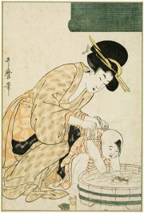 Kitagawa Utamaro - Mother Holding Child as He Plays with a Toy Fish in a Tub of Water - MFA Boston 11.22154. Free illustration for personal and commercial use.