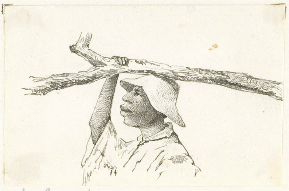 KITLV - 36B267 - Borret, Arnoldus - Man carrying a tree branch on his head - Pen and ink - Circa 1880
