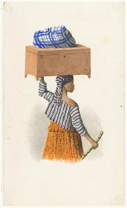KITLV - 36A220 - Borret, Arnoldus - Woman with a chest and a bundle on her head - Water colour - Circa 1880