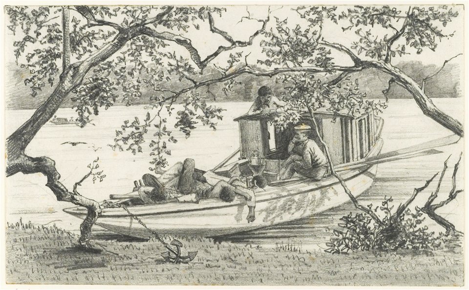 KITLV - 36C197 - Borret, Arnoldus - A boat waiting for the tide on the Saramacca river, Surinam - Pencil - Circa 1880