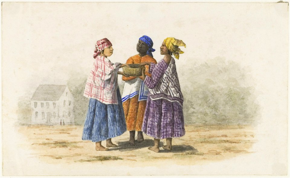 KITLV - 36A240 - Borret, Arnoldus - Three women talking - Water colour - Circa 1880